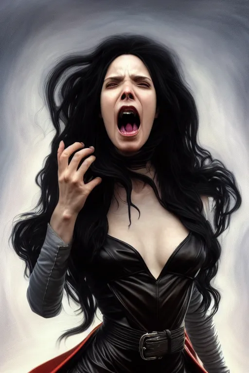 Prompt: portrait of a long black haired woman screaming in the style of mass effect, eyes open, singing, leather trench coat, intricate, elegant, highly detailed, digital painting, artstation, concept art, smooth, sharp focus, illustration, art by artgerm and greg rutkowski and alphonse mucha, 8 k