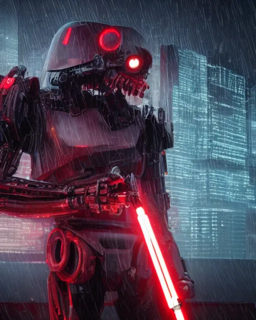 Image similar to 5 5 mm close up portrait photo of angry heavy duty biomechanical general grievous holding 4 red activated lightsabers in a futuristic city in the rain. dof. bokeh. cyberpunk horror style. highly detailed 8 k. intricate. unreal engine render with nanite and lumen. lifelike. soft light. nikon d 8 5 0.
