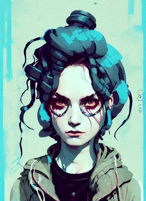 Image similar to highly detailed portrait of a sewer punk lady, tartan hoody, ringlet hair by atey ghailan, by greg rutkowski, by greg tocchini, by james gilleard, by joe fenton, by kaethe butcher, gradient light blue, black, cream and white color scheme, grunge aesthetic!!! ( ( graffiti tag wall background ) )