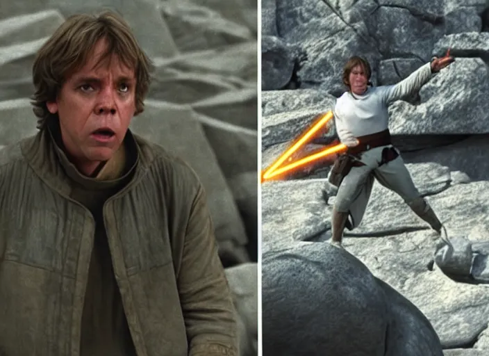 Image similar to epic screenshot from the film of Luke Skywalker, played by Mark Hammill, levitating rocks mid-air, outside marble, iconic scene from the force awakens, 1980s film directed by Stanley Kubrick, cinematic lighting, kodak, strange, hyper real, stunning moody cinematography, with anamorphic lenses, crisp, detailed portrait, 4k image