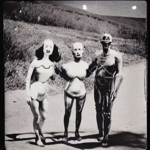 Image similar to polaroid photograph of horrorific extraterrestrial beings visiting earth, 1 9 5 0