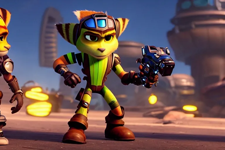 Image similar to live action film still of ratchet and clank in the new sci - fi movie