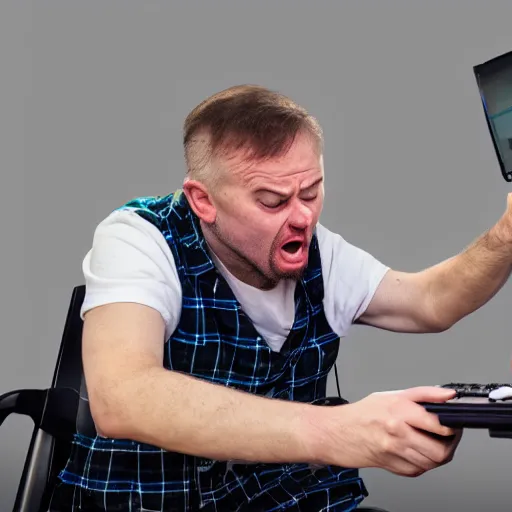 Image similar to crazy scottish man getting angry playing a computer game, photo real, dslr camera, 4 k, ray tracing