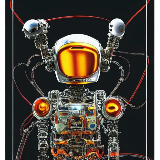 Prompt: a simple concept art of an amazingly designed robot with a modern helmet. an award winning yoshitaka amano poster. a masterpiece by james gurney. deep color.