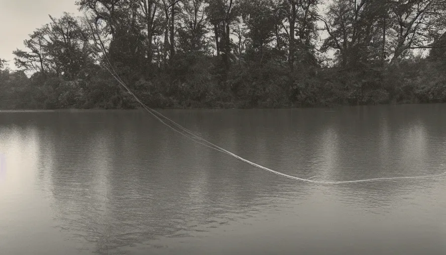 Image similar to photograph of an infinitely long rope floating on the surface of the water, the rope is snaking from the foreground towards the center of the lake, a dark lake on a cloudy day, trees in the background, moody scene, anamorphic lens