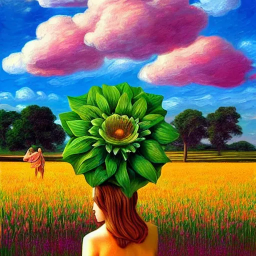 Image similar to giant flower head, frontal, woman standing in field, surreal photography, colorful clouds, impressionist painting, digital painting, artstation, rob gonsalves