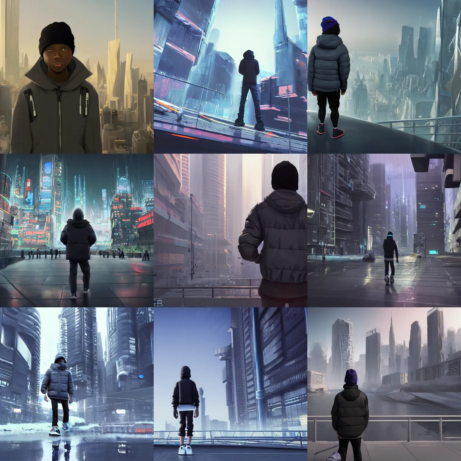 Prompt: young 🧔🏿 wearing a thin lightgray do rag and a black winter puffer jacket and hightop sneakers, facing the desperate and endless call of the metaverse, futuristic urban cityscape, clear weather, unreal 5 engine render, vivid colors, high detail, studio ghibli, digital art, octane render, epic composition, trending artstation, award - winning photograph, masterpiece