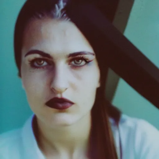 Image similar to 35mm film photo of an atractive cool alternative bosnian woman in her early 20s. beautiful face. She has dark brown hair, dark thick eyebrows, brown eyes and shoulder long hair.