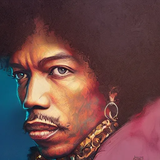 Image similar to a portrait of jimi hendrix as a wizard, urban motifs, intricate, elegant, highly detailed, digital painting, trending on artstation, concept art, smooth sharp focus, illustration, art by artgerm and greg rutkowski