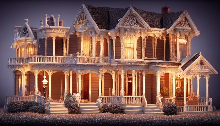 Image similar to photorealistic claymation art of a victorian house on top of a floating island, elegant, candle lighting, extremely detailed, realistic, art galery