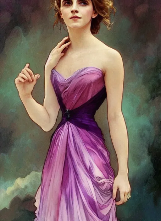 Image similar to emma watson wearing revealing pink and purple chiffon dress with flounces. beautiful detailed face. by artgerm and greg rutkowski and alphonse mucha