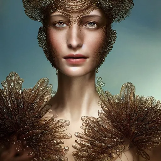 Prompt: full shot of a regal brown woman wearing an intricate and detailed armor made of dew drops. refracted light. morning dew. delicate. translucent. haunting eyes. vulnerable. fragile. ethereal. refracted light. by ray caesar. by louise dahl - wolfe. by andrea kowsch.