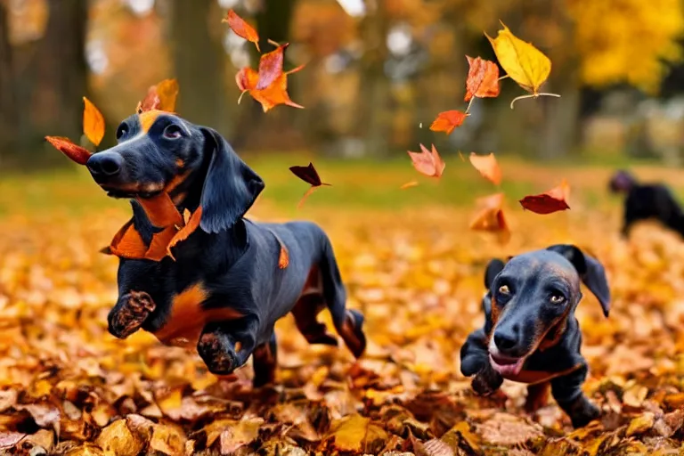 Prompt: dachshunds running towards the camera in the autumn leaves and some of the leaves are flying up into the air