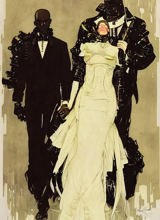 Prompt: a copic maker art nouveau dystopian portrait of a black beautiful girl detailed features wearing a latex wedding dress with a puffy skirt designed by balenciaga by john berkey, norman rockwell akihiko yoshida