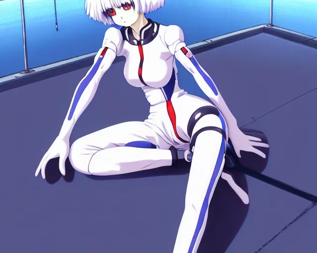 Image similar to anime art, fullbody shot of female rei ayanami, evangelion, long blue hair and large eyes, finely detailed perfect face, in a pale skintight plugsuit, sitting on rooftop, flooded city, trending on pixiv fanbox, by ilya kuvshinov, sola digital arts,, raytracing