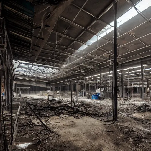 Prompt: picture of the inside of a large scale manufacturing facility, dirty, dusty, abandoned, moody lighting, contrast, photography, wires, lights, conveyor belts, mezzanine, fog