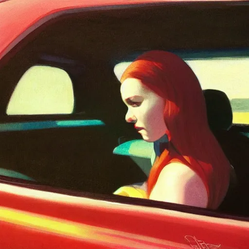 Image similar to Close-up portrait in car, dated a woman that lived on Cooterneck Road, She had a Catfish Camero and was cooler than me, by Edward Hopper, Bo Bartlett, and Cynthia Sheppard, Artstation