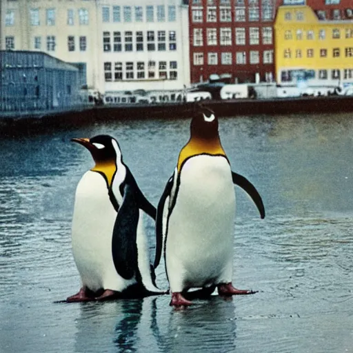 Image similar to penguins in copenhagen, polaroid photograph 1 9 8 0 s