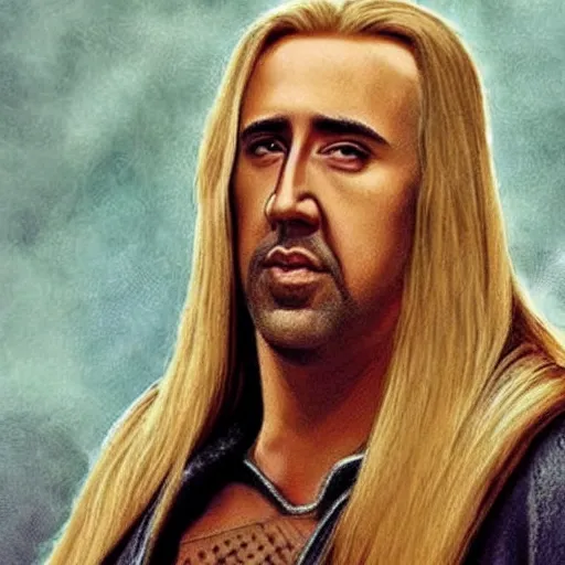 Image similar to nicolas cage with long flowing blond hair as a D&D character