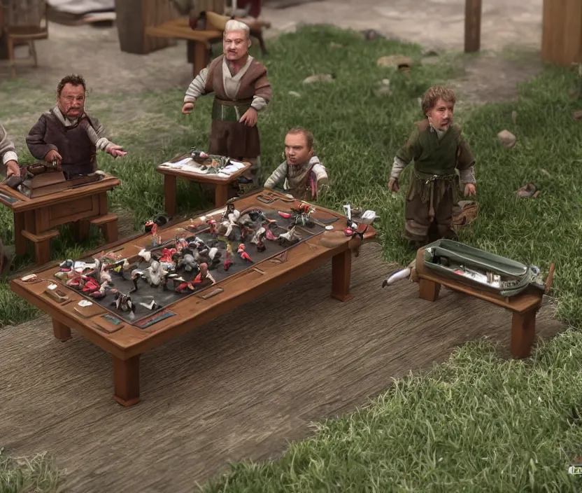 Image similar to subuteo game on a table but each player is Warwick Davis in the film Willow. 8k octane render unreal engine