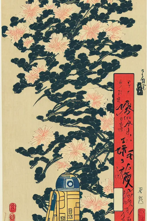 Prompt: Japanese woodblock print of r2d2 amongst the flowers, hokusai