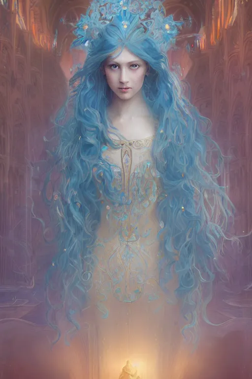 Image similar to breathtaking detailed soft painting of a knight queen with long flowing blue hair, pastel flower petals flying, at dawn in front of a pristine golden art nouveau cathedral, elegant, volumetric lighting, highly detailed, artstation, concept art, matte, sharp focus, art by pilyeon,