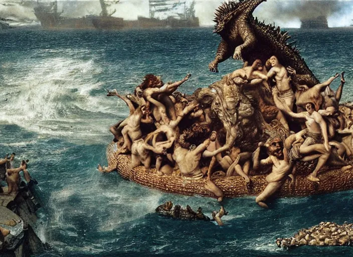 Image similar to godzilla attacking the raft of the medusa, painting by lawrance alma - tadema, hyper - realistic, highly detailed