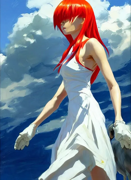 Image similar to Greg Manchess painting of Asuka Langley Soryu in a casual white dress out with the dogs, EVA unit-00 in the back, countryside, fantasy character portrait, dynamic pose, above view, sunny day, thunder clouds in the sky, artwork by Jeremy Lipkin and Giuseppe Dangelico Pino and Michael Garmash and Rob Rey, very coherent asymmetrical artwork, sharp edges, perfect face, simple form, wacky, 100mm