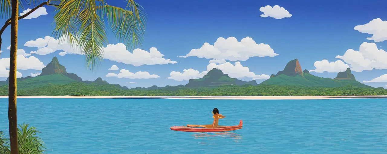 Image similar to serene bora bora landscape, disney, hiroshi nagai