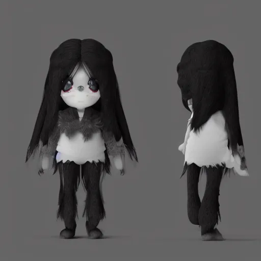 Image similar to cute fumo plush of a long - haired and tattered orphan cursed with the power of the shadows, black and white, vray