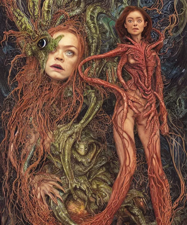 Prompt: portrait photograph of a fierce sadie sink as an alien harpy queen with slimy amphibian skin. she is trying on bulbous slimy organic membrane fetish fashion and transforming into a fiery succubus amphibian villian medusa fish. by donato giancola, walton ford, ernst haeckel, brian froud, hr giger. 8 k, cgsociety