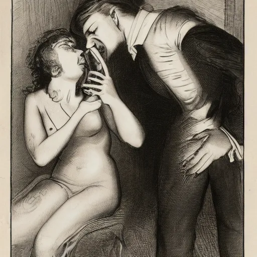 Prompt: a man licking a women's hair, the women's eyes are looking at the man who is to her left.