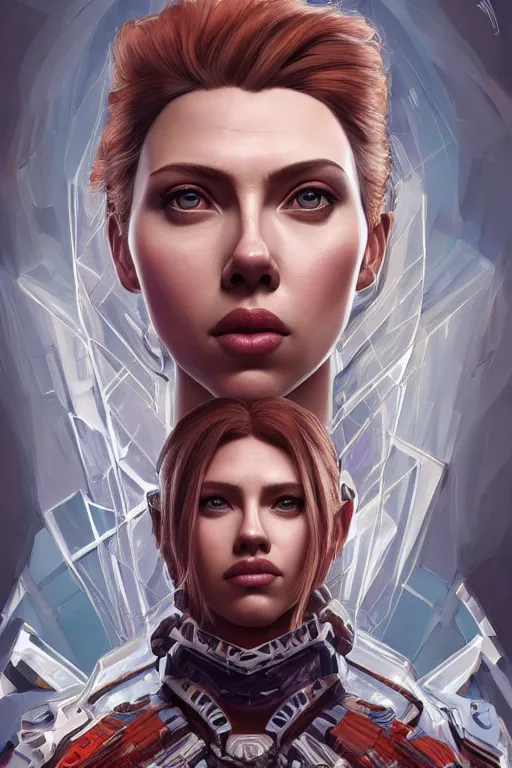 Image similar to symmetry!! portrait of scarlet johansson in the style of horizon zero dawn, machine face, intricate, elegant, highly detailed, digital painting, artstation, concept art, smooth, sharp focus, illustration, art by artgerm and greg rutkowski and alphonse mucha, 8 k