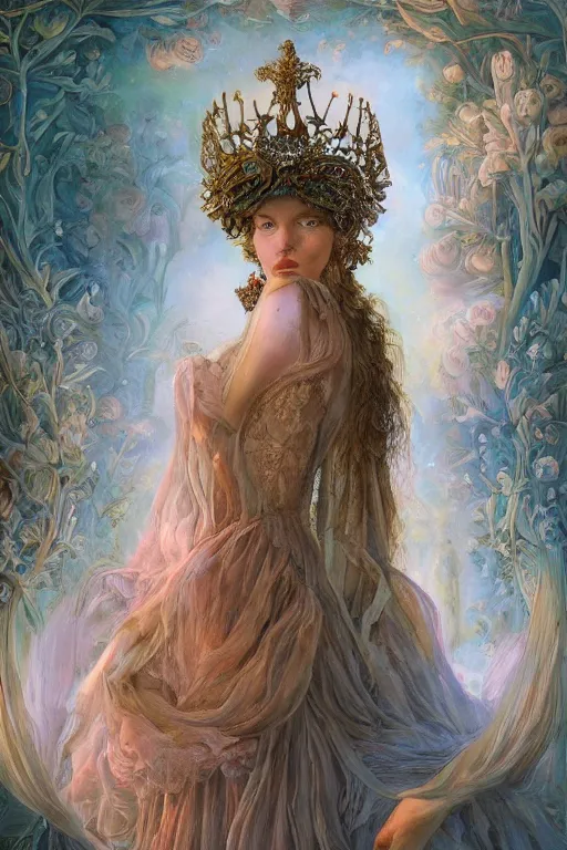 Prompt: elaborately hyperdetailed Surrealist pre-raphaelite illustration of an extremely beautiful regal woman with an imponent crown, eerie mist and ethereal pink bubbles, Aetherpunk, atmospheric lighting, bright background, moonlight, high fantasy professionally painted digital art painting, smooth, sharp focus, highly detailed illustration highlights, backlight, golden ratio, 8K detail post-processing, symmetrical facial features, rich deep moody colors, award winning picture, Daily Deviation on DeviantArt, trending on cgsociety, featured on ArtstationHQ, very coherent symmetrical artwork, concept art