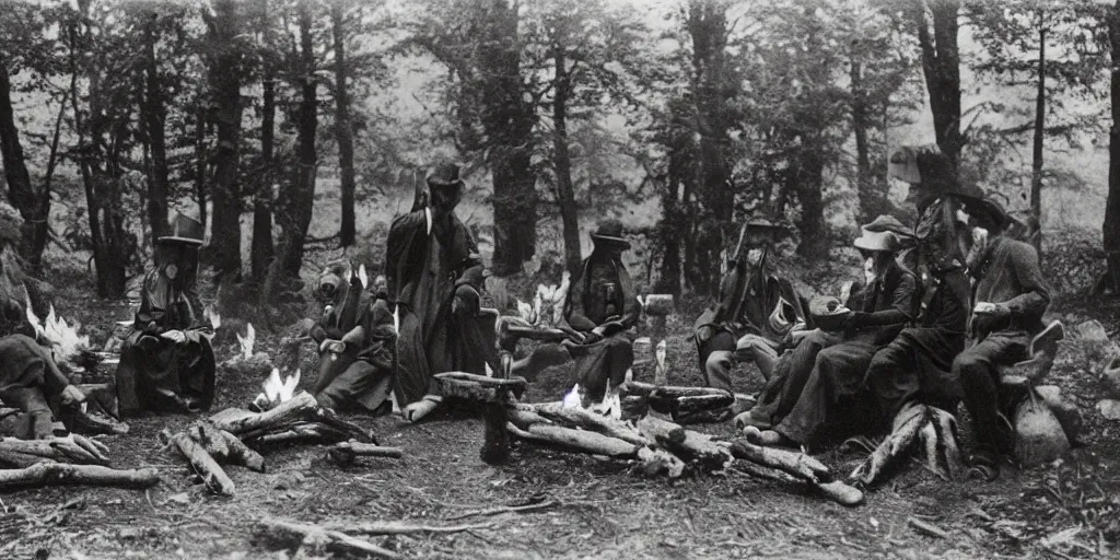 Image similar to old forest hermits holding voodoo dolls around a wildly lit campfire in an ominous forest, 1 9 0 0 s photography