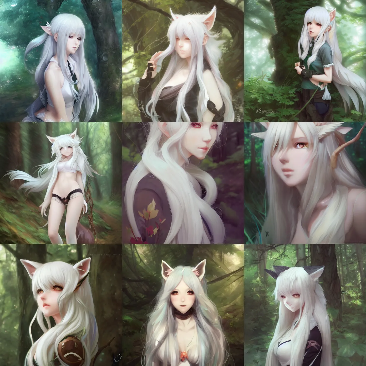 Prompt: portrait of a cute anime foxgirl in a forest, long white hair, white fox ears, detailed face, perfect composition, trending on artstation, art by Krenz Cushart and Ross Tran and Yuumei