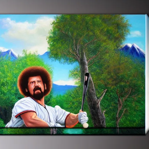 Image similar to a closeup photorealistic photograph of bob ross style kenny powers playing baseball, a painting on a canvas. mountains and trees. film still. brightly lit scene. this 4 k hd image is trending on artstation, featured on behance, well - rendered, extra crisp, features intricate detail, epic composition and the style of unreal engine.