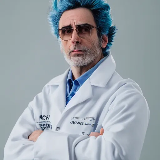 Image similar to portrait photo still of real life rick sanchez wearing a labcoat 8 k, 8 5 mm f 1. 8