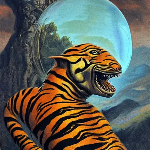 Image similar to suppose those damnable man - lizards always watch and guard it, a peter bollinger oil deranged oil painting, the hatching sphere birthed a tiger