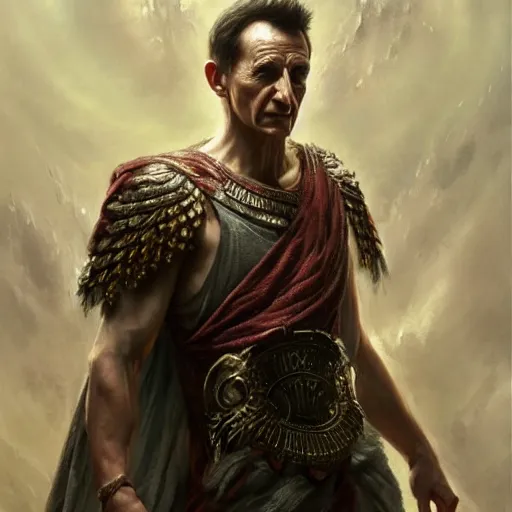 Image similar to a dramatic epic ethereal portrait of Julius Caesar, full body with dynamic pose, male, detailed face, cinematic lighting, highly detailed oil on canvas painting by Greg Rutkowski, winning-award digital art trending on Artstation H 1024 W 832