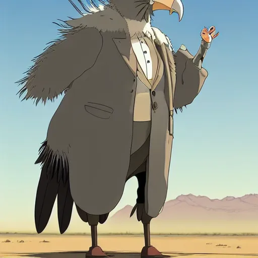 Prompt: a study of cell shaded cartoon of a grey mechanized vulture from howl's moving castle ( 2 0 0 4 ) on a desert road, full body, wide shot, very muted colors, post grunge, studio ghibli, laurie greasley, highly detailed, deviantart, art by artgem