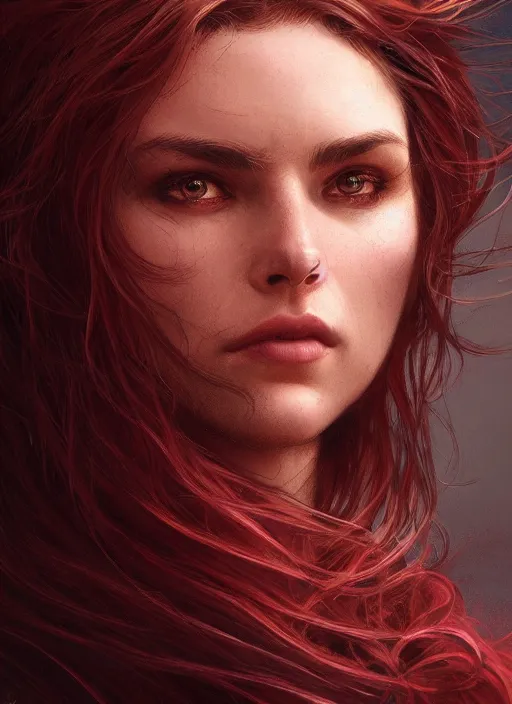 Image similar to vertical portrait of a ruggedly handsome female cleric, soft hair, close - up face, leather, witchy, d & d, fantasy, intricate, elegant, highly detailed, digital painting, artstation, concept art, smooth, sharp focus, illustration, art by artgerm and greg rutkowski and alphonse mucha, plain red background