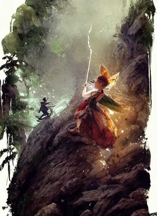 Image similar to portrait, Peter Pan and Tinkerbell, watercolor, dramatic lighting, cinematic, establishing shot, extremly high detail, foto realistic, cinematic lighting, pen and ink, intricate line drawings, by Yoshitaka Amano, Ruan Jia, Kentaro Miura, Artgerm, post processed, concept art, artstation, matte painting, style by eddie mendoza, raphael lacoste, alex ross