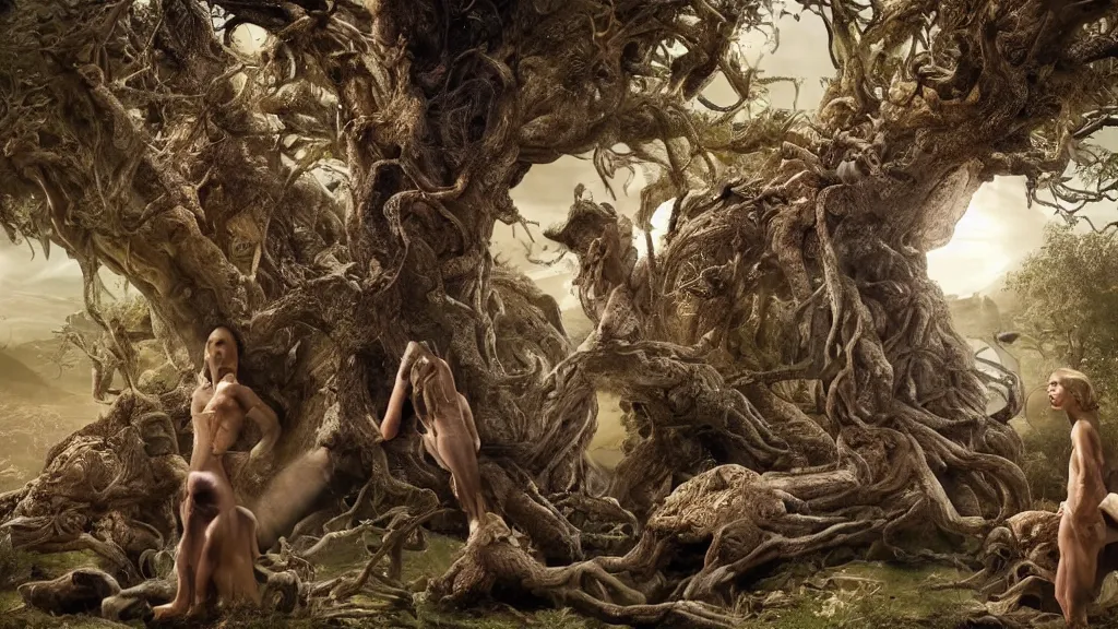 Image similar to Adam and eve with a screaming worm monster, the tree of life, maximalist, high detail, 8k, ornate, dark fantasy, realistic, masterpiece, complex, WLOP, film still from the movie directed by Denis Villeneuve, wide angle
