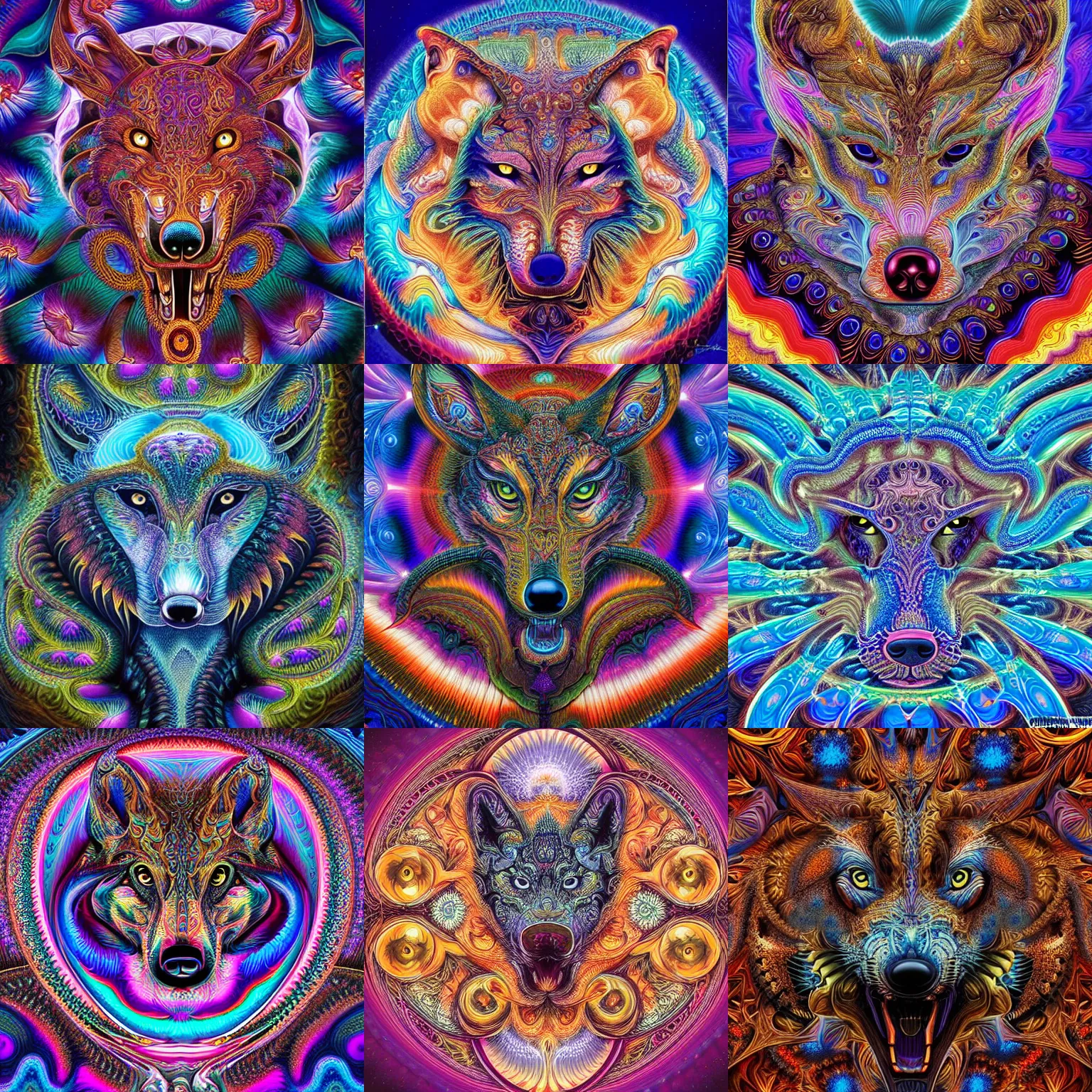 Prompt: a intricate ornate psychedelic image of a wolf head opening into a fractal universe, digital art by alex grey, dan mumford, felix kelly, artgerm, psychedelic art, psychedelic, fractalism, fractals, artstation, detailed, art, hyper realism, hyper detailed, cgsociety, ue 5, hd, 3 d