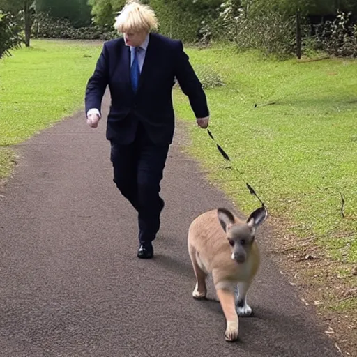 Prompt: Boris Johnson walking his pet kangaroo, adorable, cute, realistic, 4K, HD