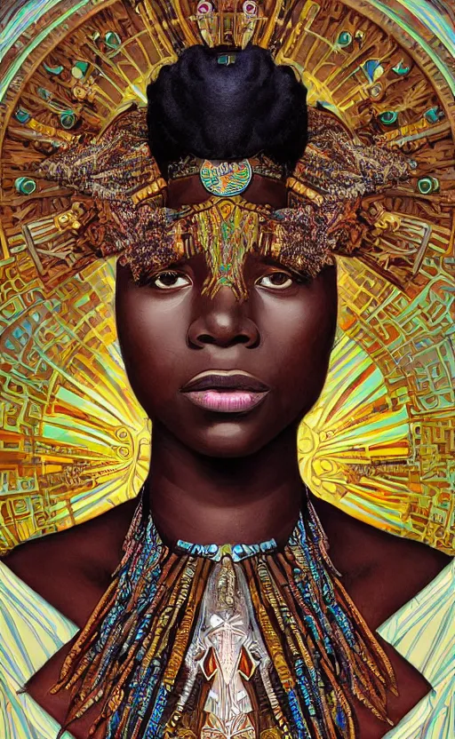 Prompt: upper half portrait of retro futuristic african tribal chief - embellished with vegetation and iridescent crystals art by joseph christian leyendecker, design blocking by alphonso mucha and drew struzan, highly detailed, digital painting, airbrush, concept art, illustration, smooth sharp focus, intricate, symmetry,