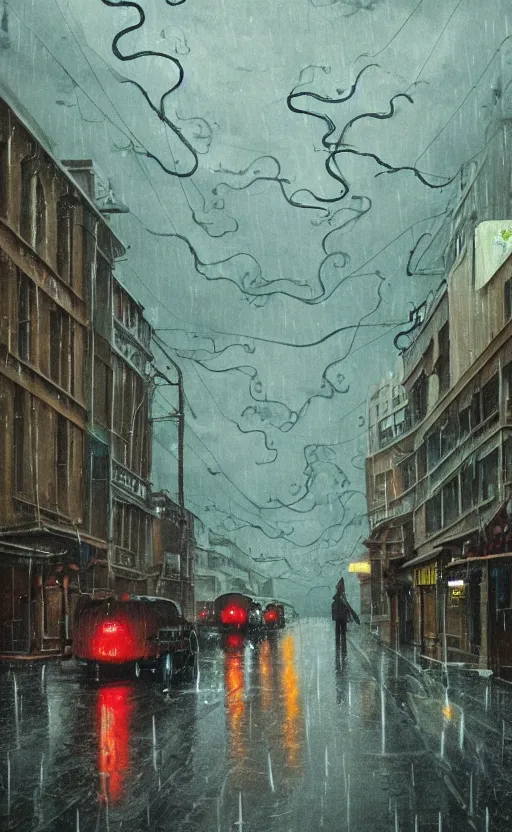 Prompt: raining. dark clouds with stormy squid tentacles in sky. very low angle. very detailed painting by ghibli studios, futuristic. dreamlike. weird. horrific. wet asphalt. city street at 1 9 5 0 s. low angle. old photo. atmospheric. skyscrapers. vivid colours, mysterious. epic scene. 4 k. very high detailed.