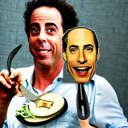 Image similar to jerry seinfeld holding a fork and knife with kramer's head on a plate. realistic photo