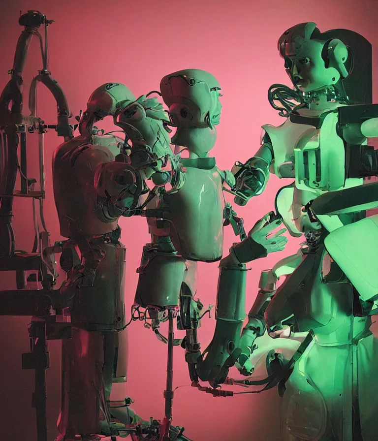 Image similar to a female mad scientist building a humanoid robot man, in a darkly lit laboratory room, 1 9 5 0 s horror film movie poster style, ( norman rockwell oil painting ), medium shot, close - up shot, retro science fiction, vintage, saturated pink and green lighting, shadowy lighting, cohesive